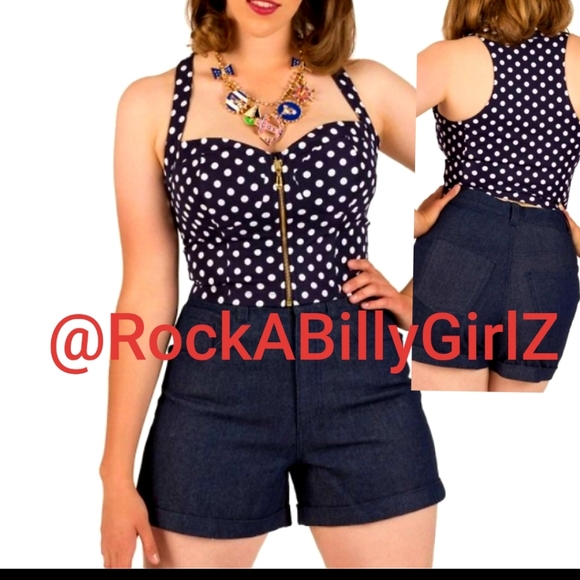 Tatyana Dasha Retro Pinup Navy Blue White Polka Dot ZipUp Bustier Bra Tank Top - Picture 2 of 9